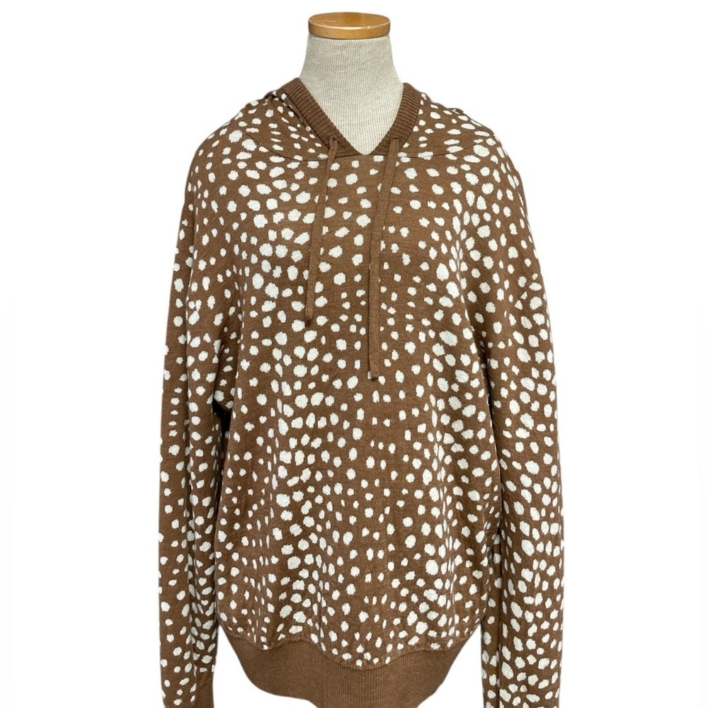 Happy Sheep Hooded Sweater Brown White Print Italy Merino Wool Size Medium